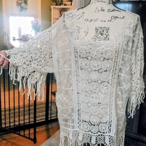 Vintage Ana and Rose Chic White Crochet Lace Tunic Top,Med